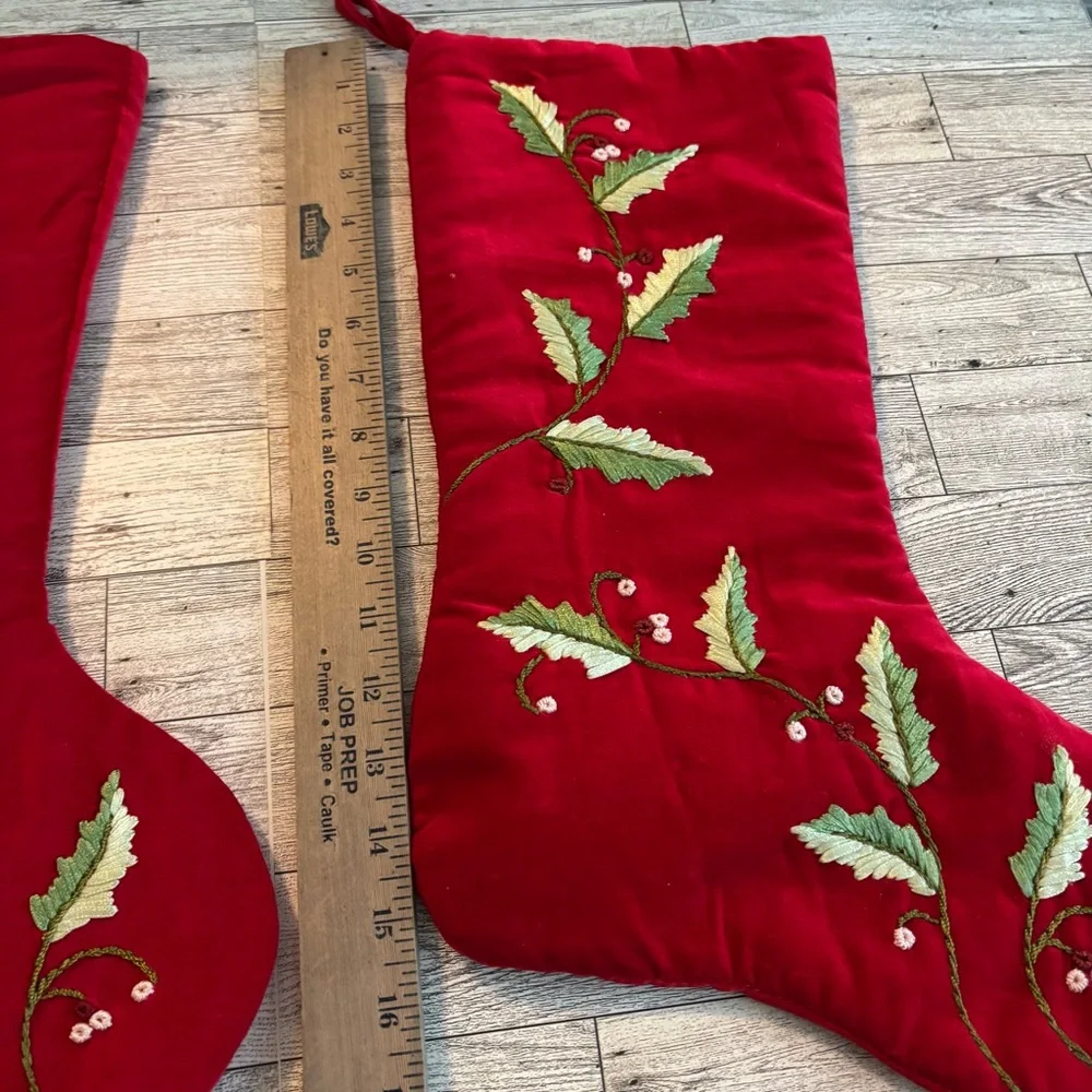 Festive Red velvet Holiday Stockings with Green Holly embroidered Design set 2